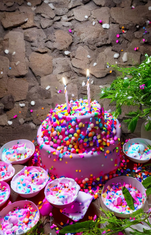 Vibrant birthday cake with lit candles and candy bowls on stone backdrop