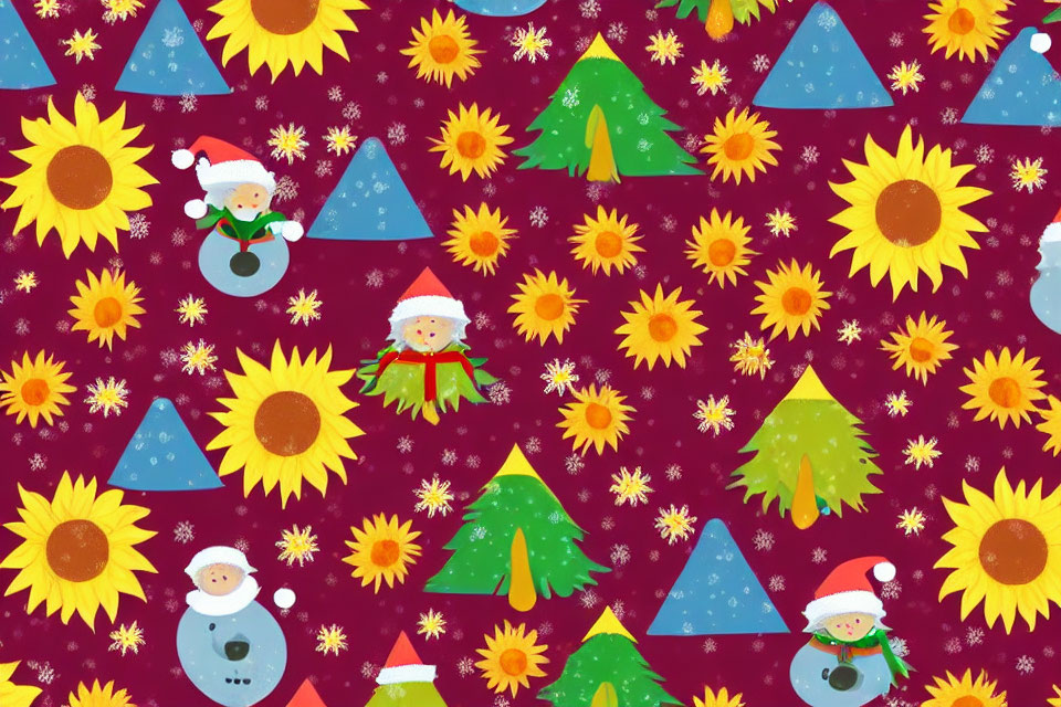 Sunflower and Christmas-themed festive pattern on red background