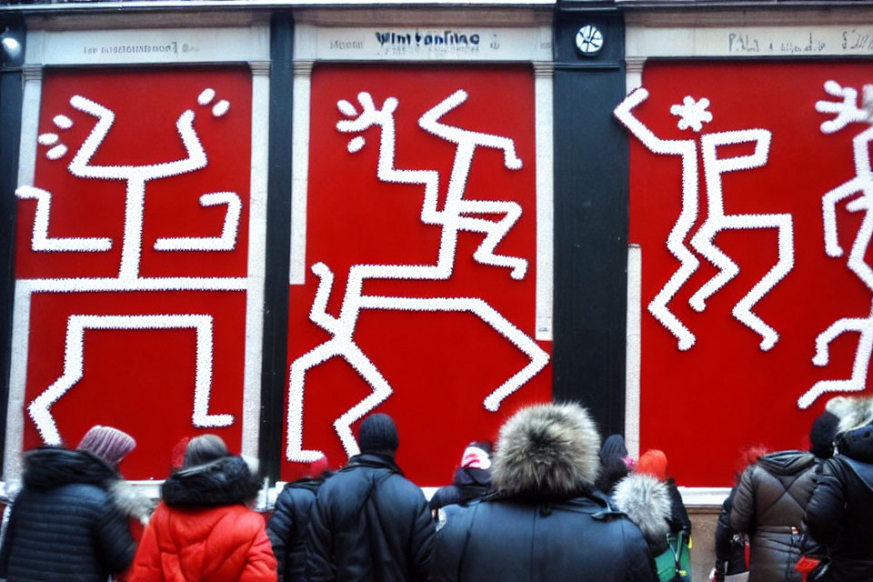 Storefront with Red Facade and Keith Haring-Inspired Figures