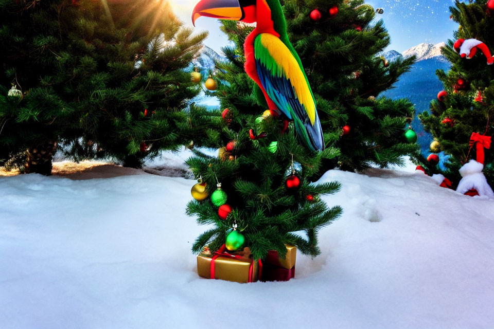 Colorful toucan on decorated Christmas tree with snowy mountains landscape