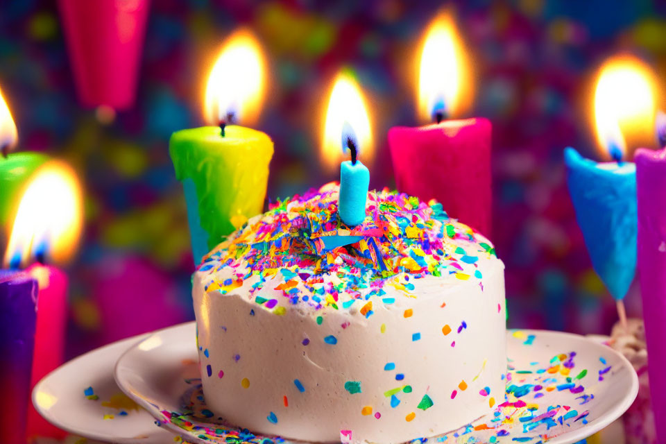 Colorful Birthday Cake with Sprinkles and Candles on Bokeh Background