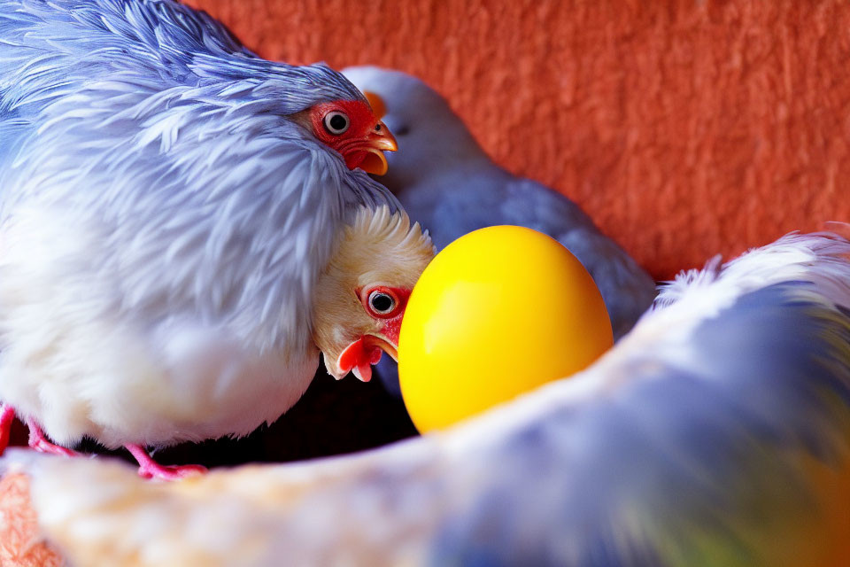 Colorful Pigeons and Yellow Ball on Textured Orange Background