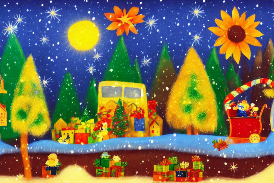 Snow-covered Christmas scene with gifts, sleigh, and falling snowflakes