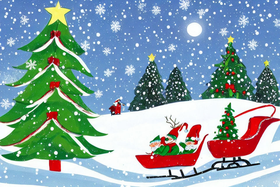 Festive Cartoon Featuring Santa Claus, Sleigh, and Christmas Tree