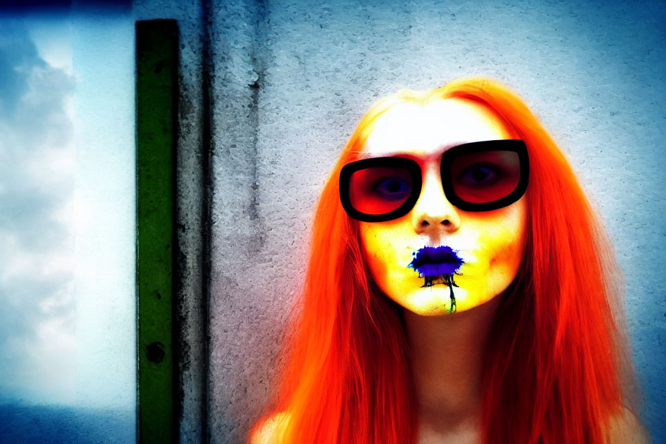 Vibrant Orange Hair Woman with Black Sunglasses on Blue and White Background