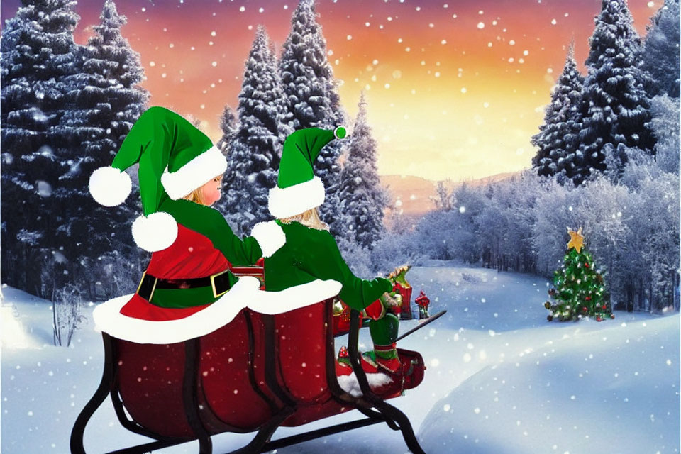 Festive snowy landscape with two elves in a sleigh