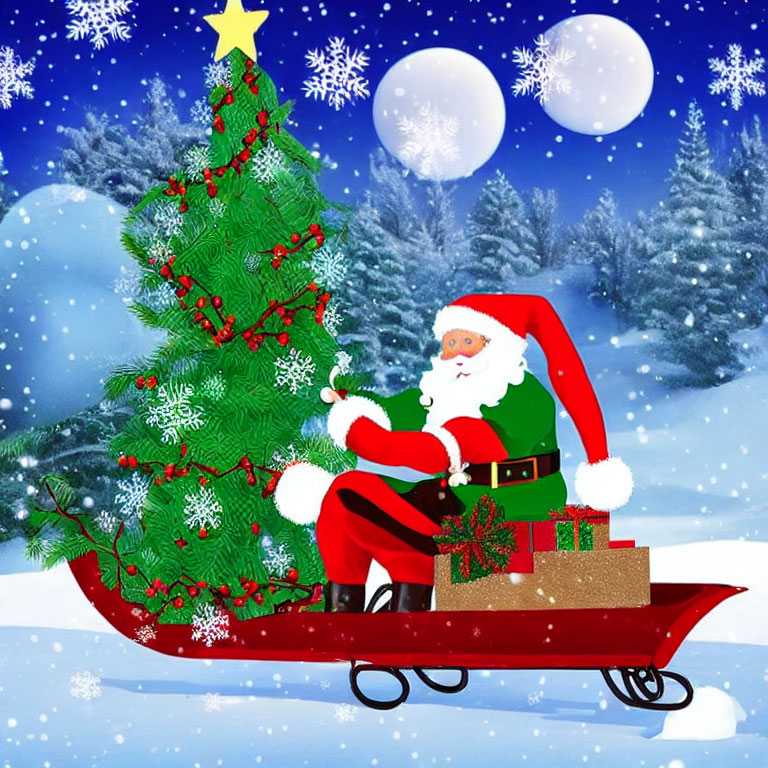 Santa Claus in sled with presents by Christmas tree under snowy night sky