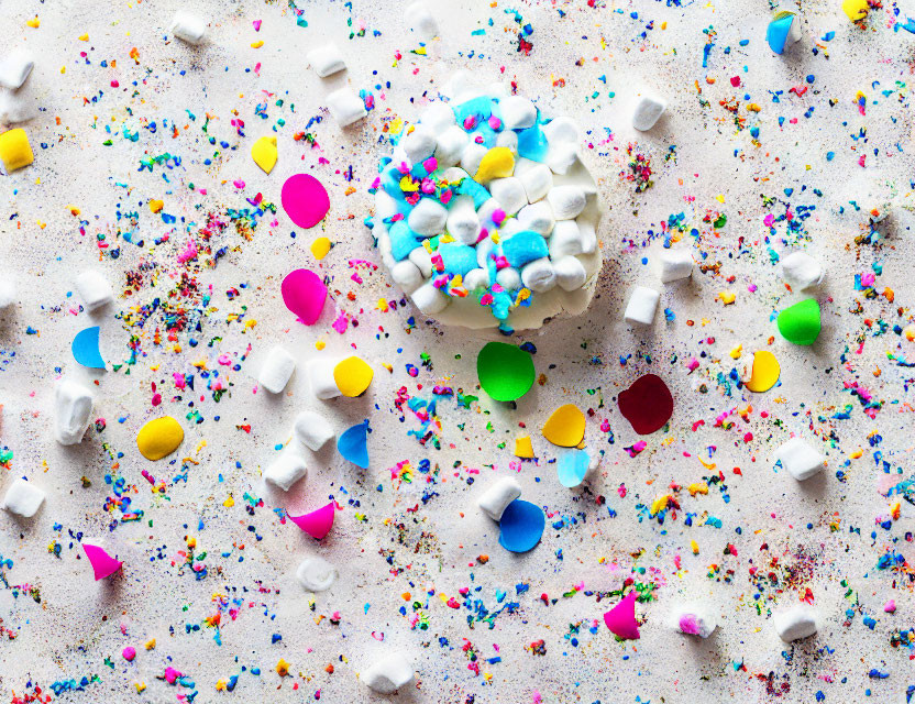 Colorful Sprinkles, Confetti, Marshmallows, and Cupcake on White Surface