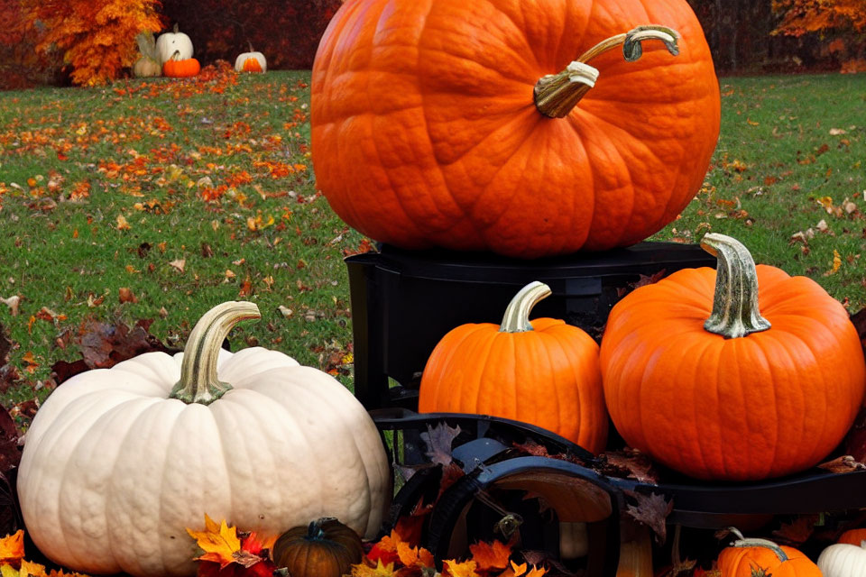 Vibrant orange and white pumpkins on black cart in autumn setting