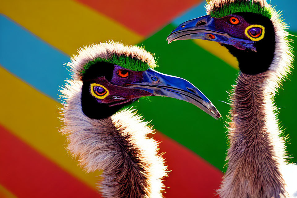 Emus with blue and yellow feathers on vibrant striped backdrop