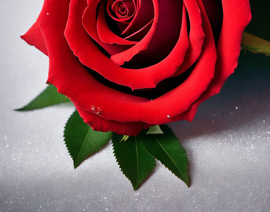 Vibrant red rose with dew drops on reflective surface