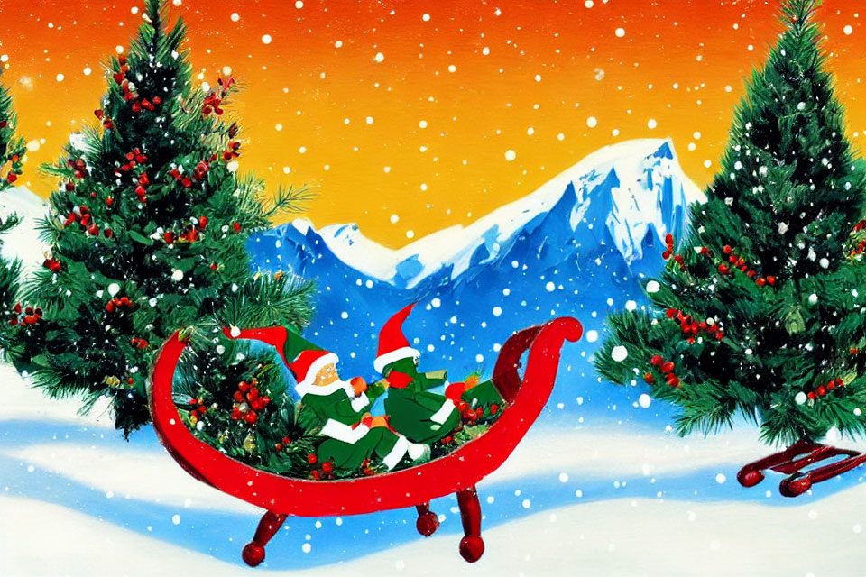 Vibrant Christmas elves on red sleigh in snowy mountain scene