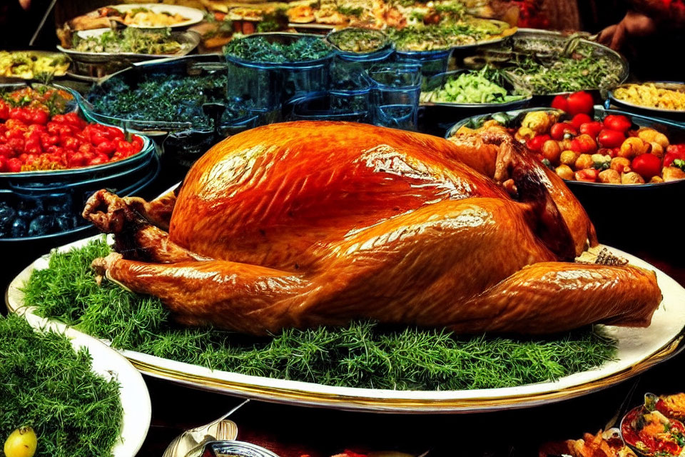 Golden-brown Roasted Turkey with Colorful Side Dishes on Festive Table