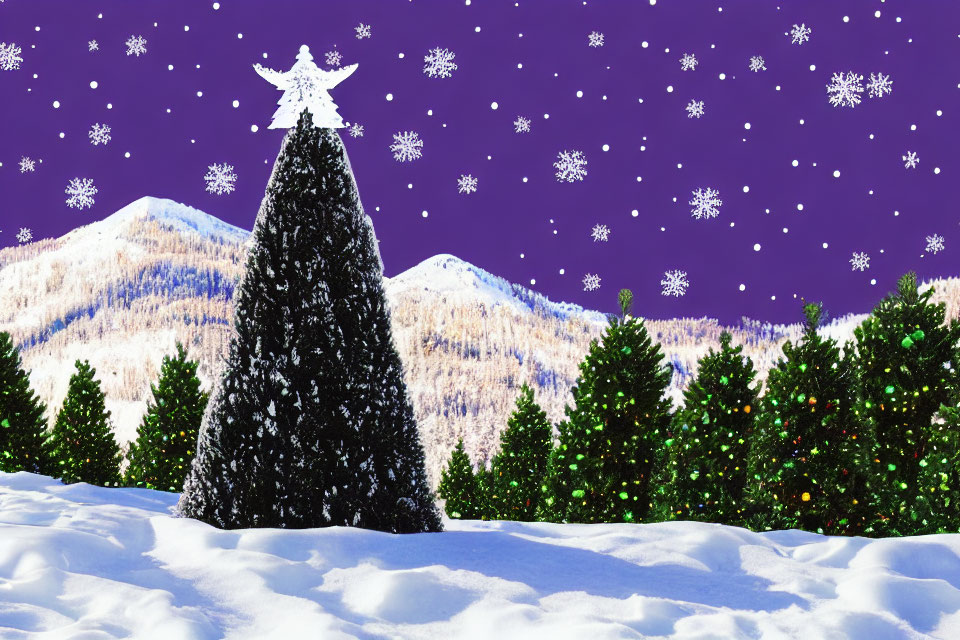 Winter Scene with Large Christmas Tree and Snowflakes in Snowy Landscape