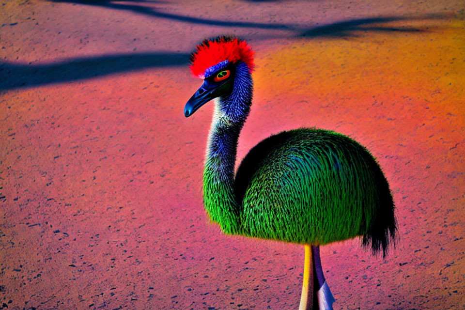 Colorful Cassowary with Red Head and Blue Neck on Purple Pavement