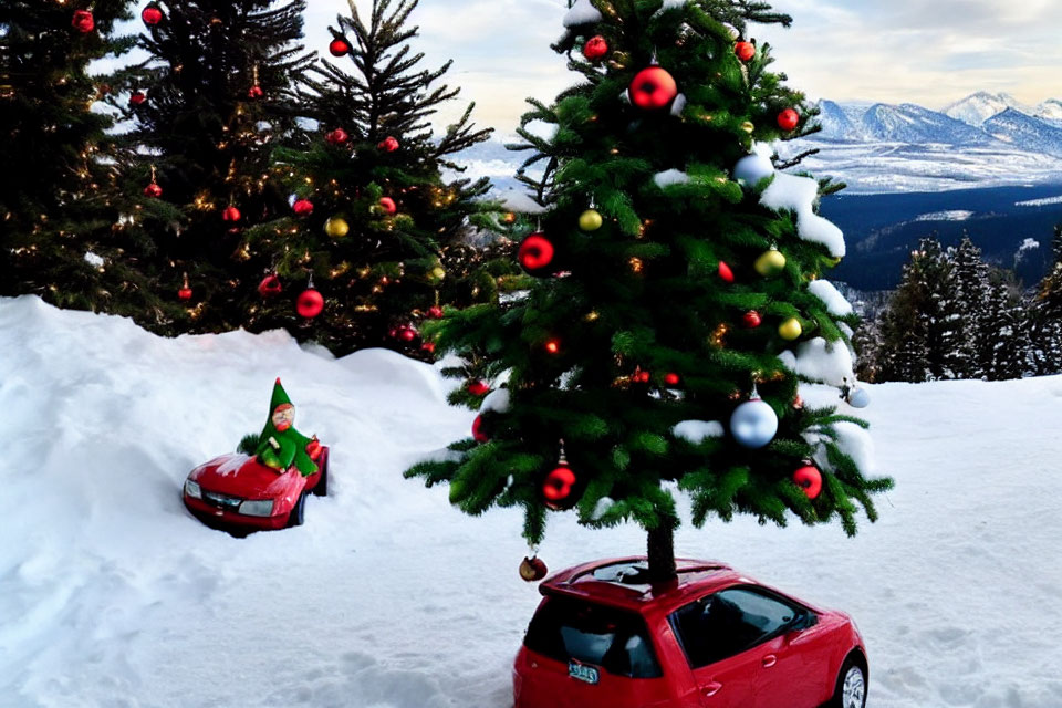 Winter Scene: Snowy Landscape with Christmas Trees, Red Car, Elf on Sled