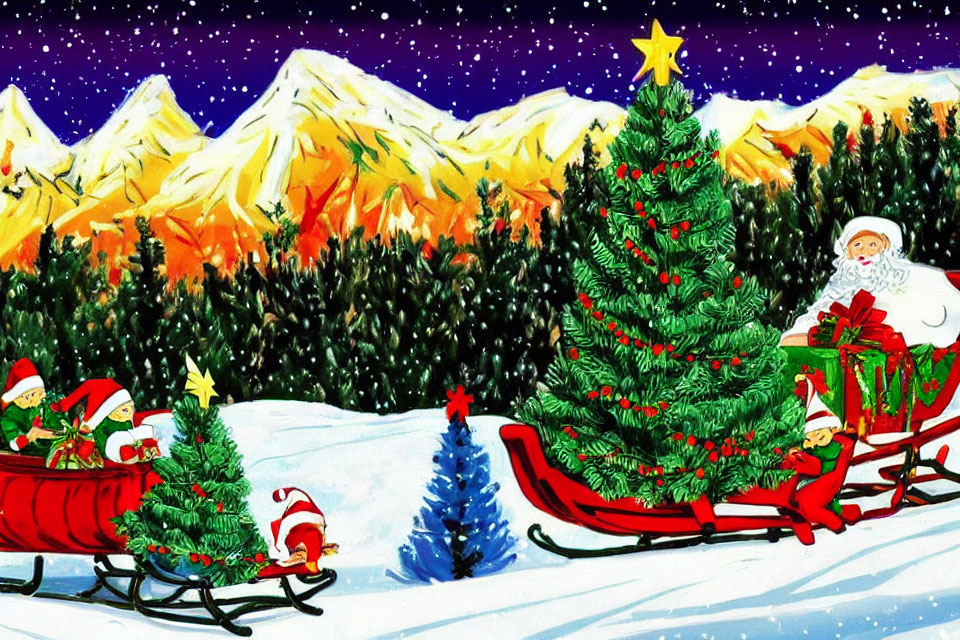 Vibrant Santa Claus and elves with sleigh in snowy mountain scene