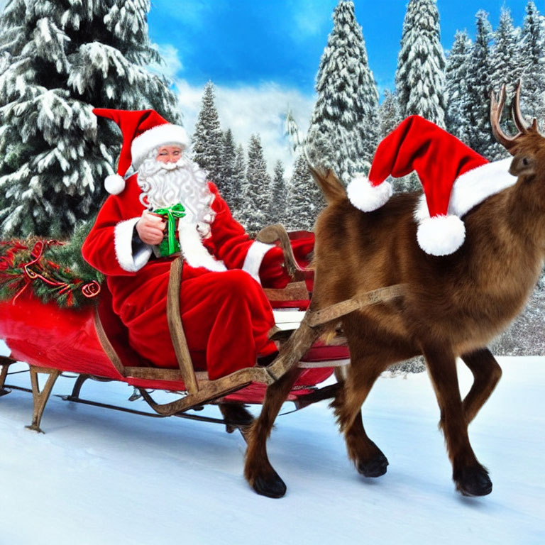 Santa Claus and reindeer in Santa hats on sled in snowy forest.