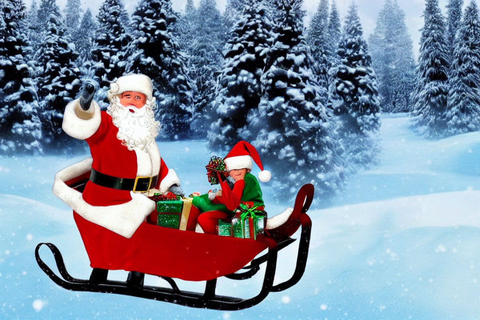 Santa Claus waving in sleigh with gifts, elf, snowy forest.