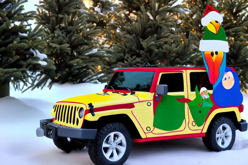 Yellow Jeep Toy Model with Penguin and Characters in Holiday Attire on Snowy Backdrop