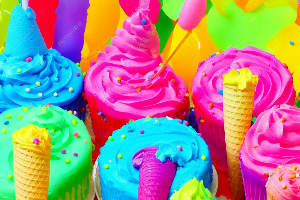 Colorful Cupcakes with Pink and Blue Frosting and Sprinkles