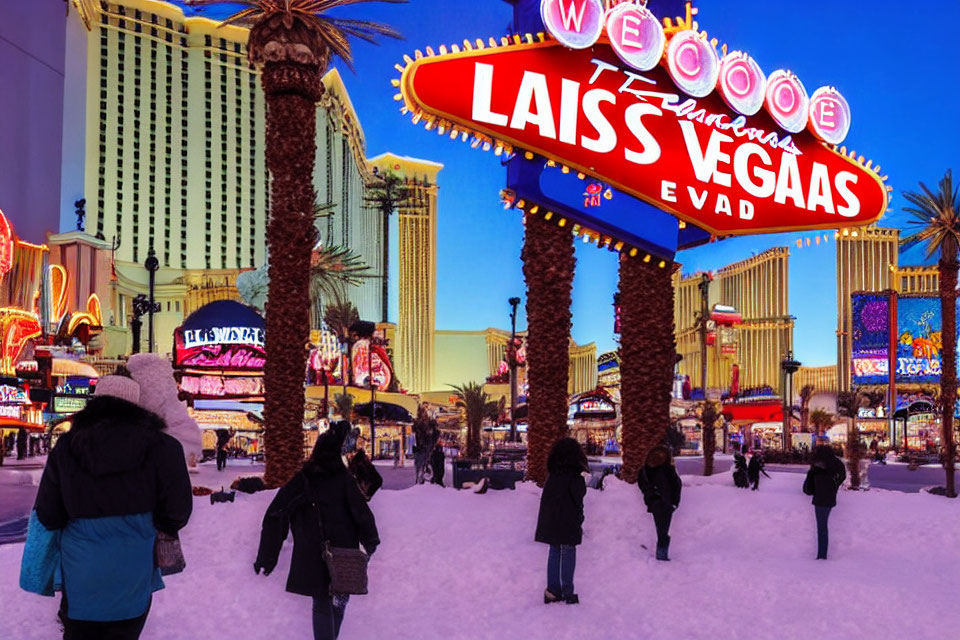 Iconic Las Vegas Sign with Snowy Overlay on Vegas Strip with Palm Trees and Casinos