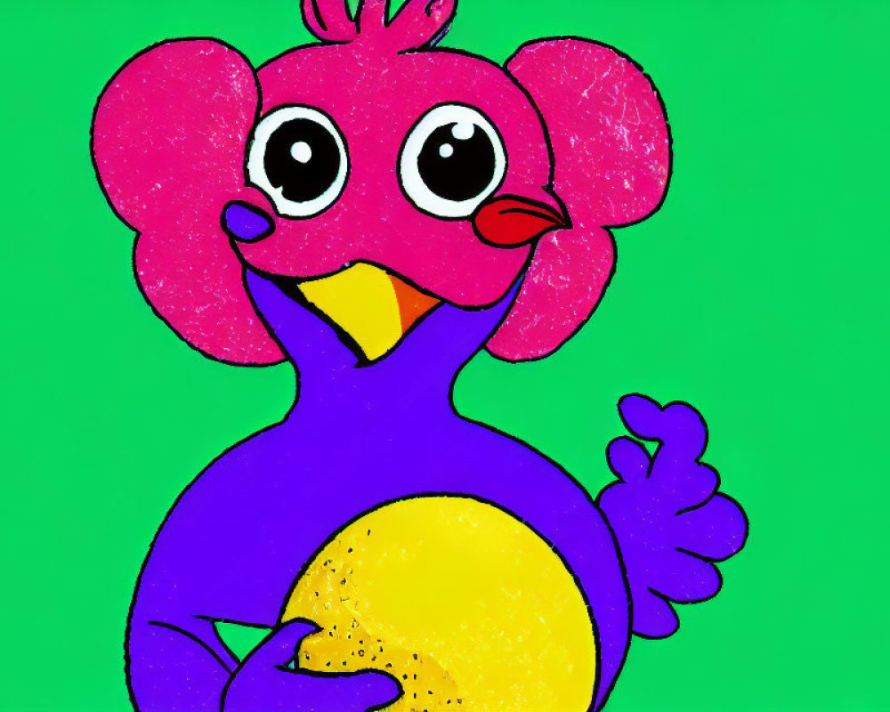 Whimsical creature with pink elephant-like head and purple body on green background