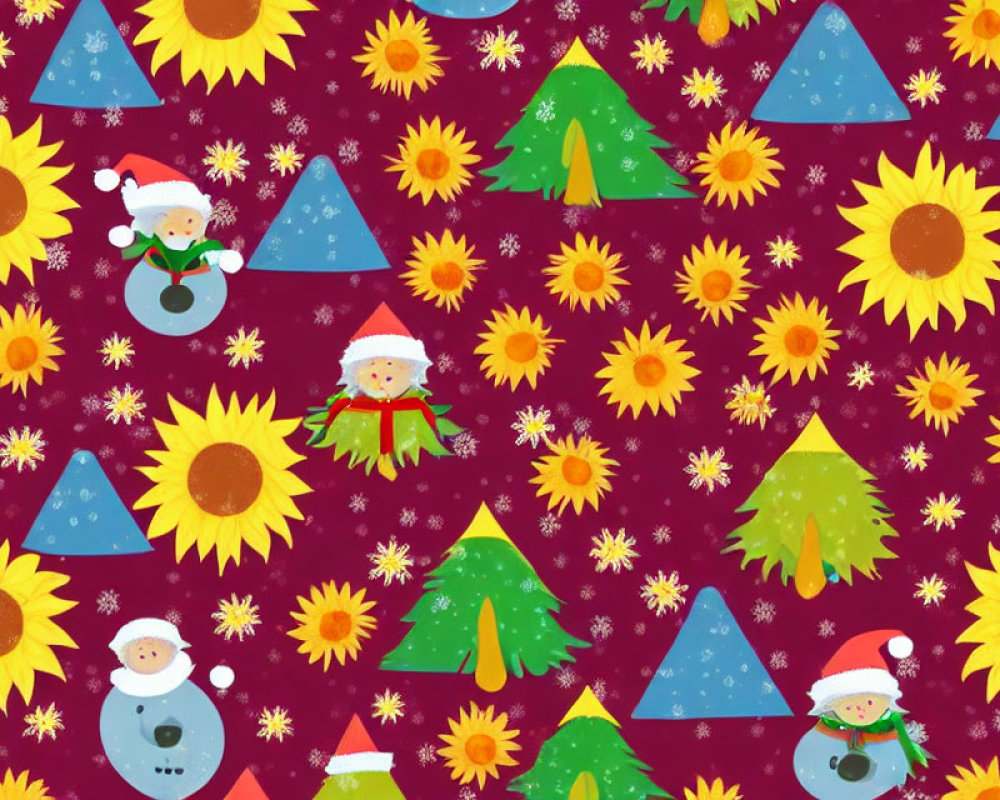 Sunflower and Christmas-themed festive pattern on red background