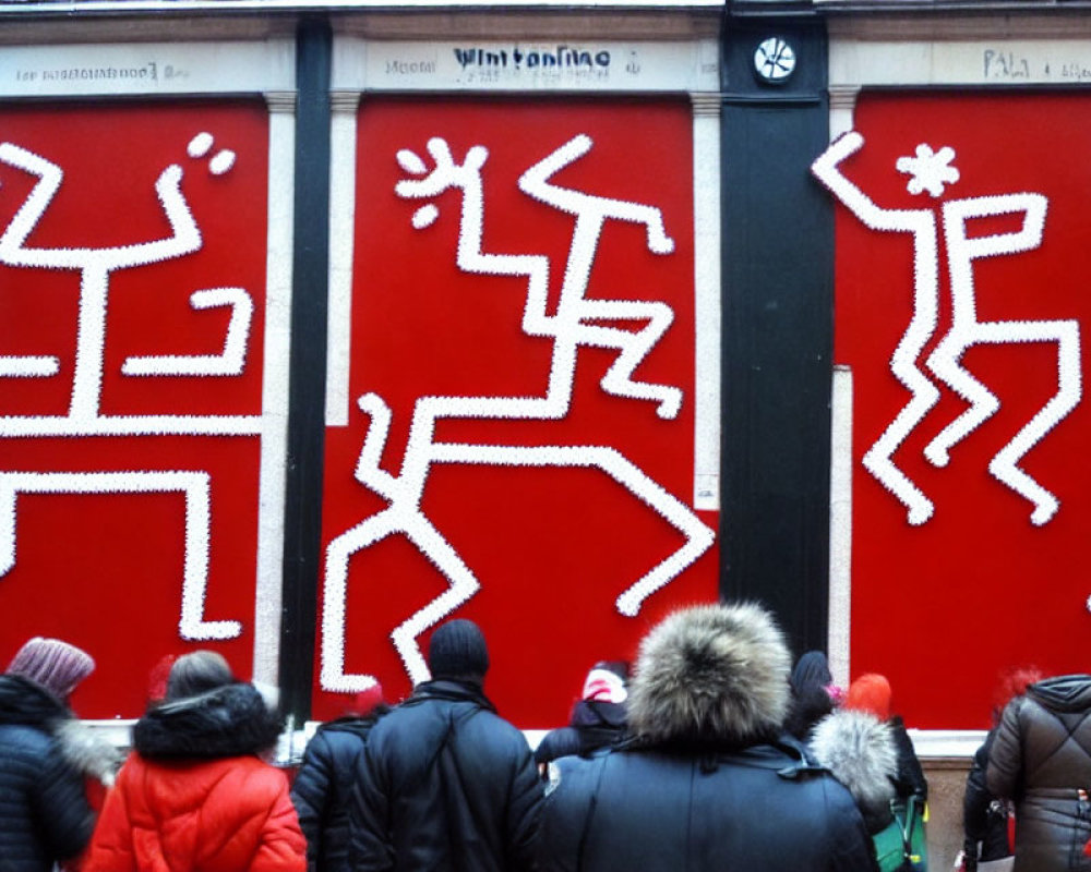 Storefront with Red Facade and Keith Haring-Inspired Figures