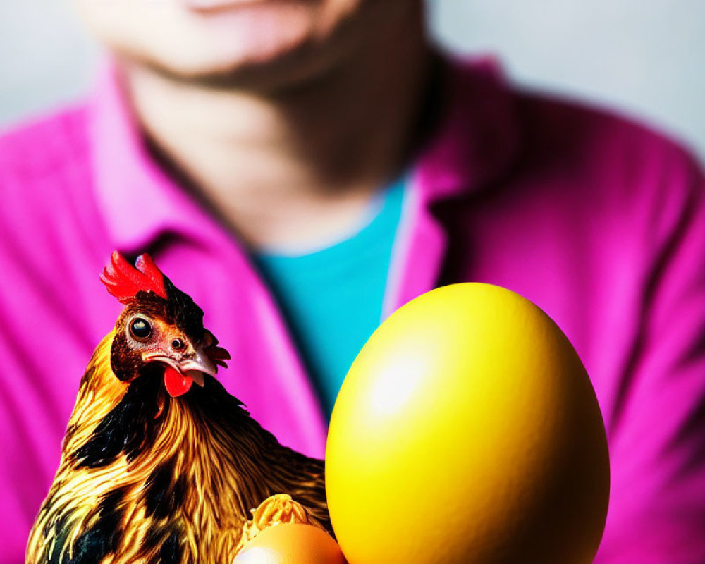 Person in Pink Shirt Holding Chicken with Large Yellow Egg