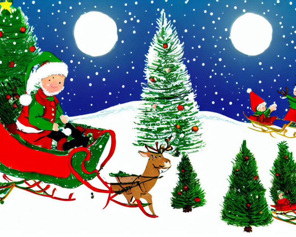 Festive Christmas illustration with Santa, reindeer, elves, and snowy night sky