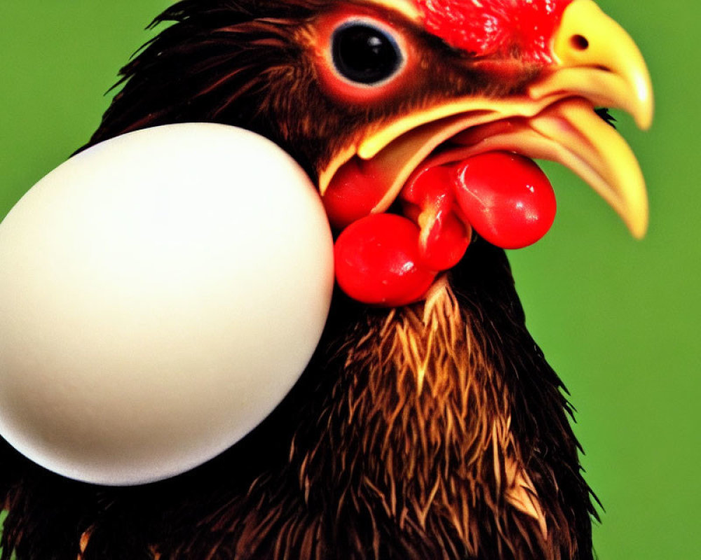 Hen balancing white egg on beak against green background