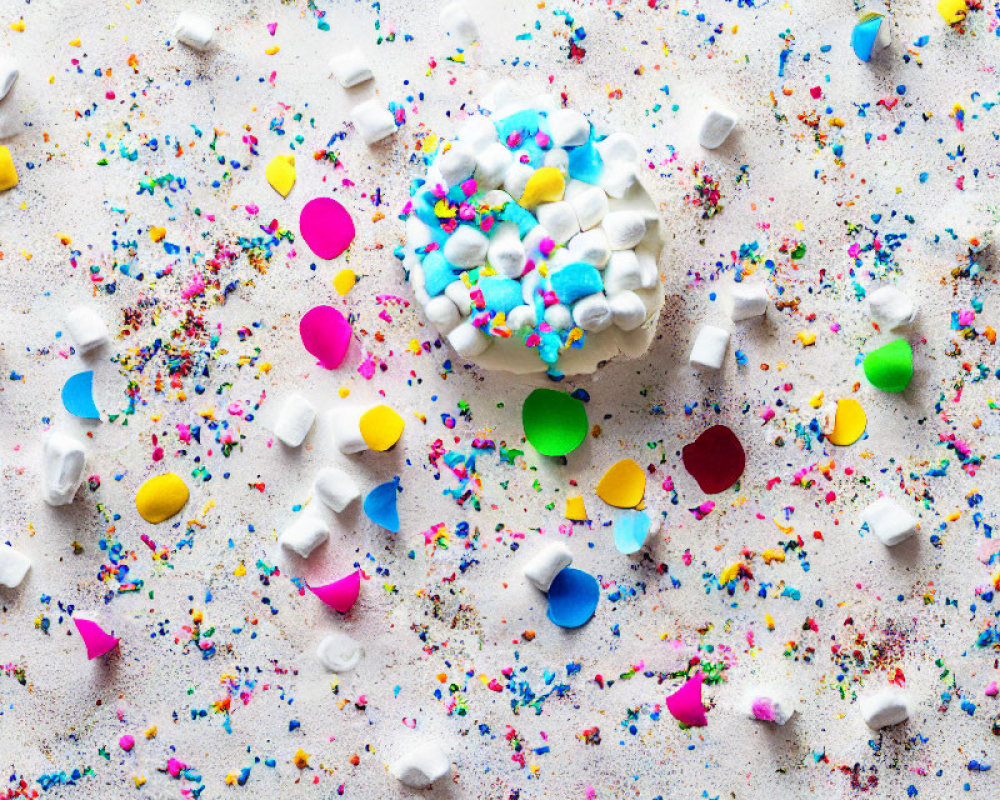 Colorful Sprinkles, Confetti, Marshmallows, and Cupcake on White Surface
