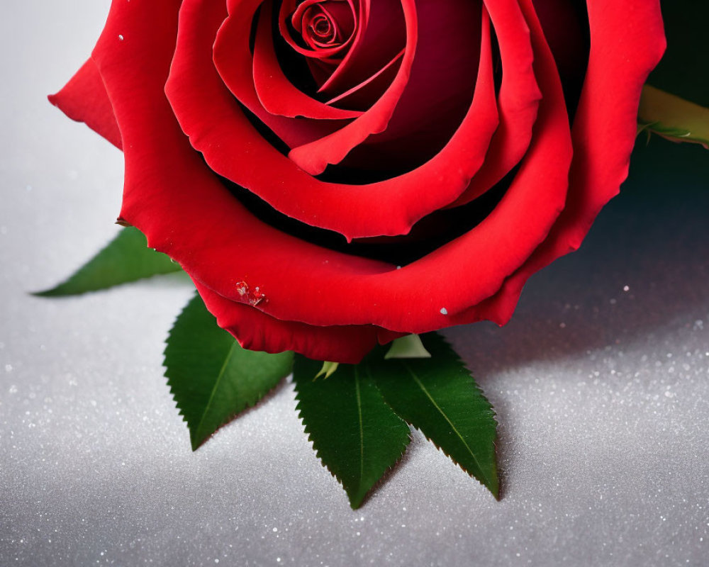 Vibrant red rose with dew drops on reflective surface