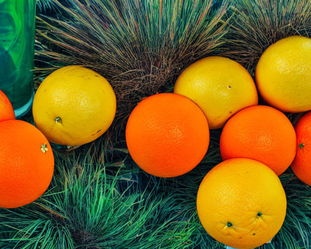 Citrus fruits on pine needles with green bottle in background