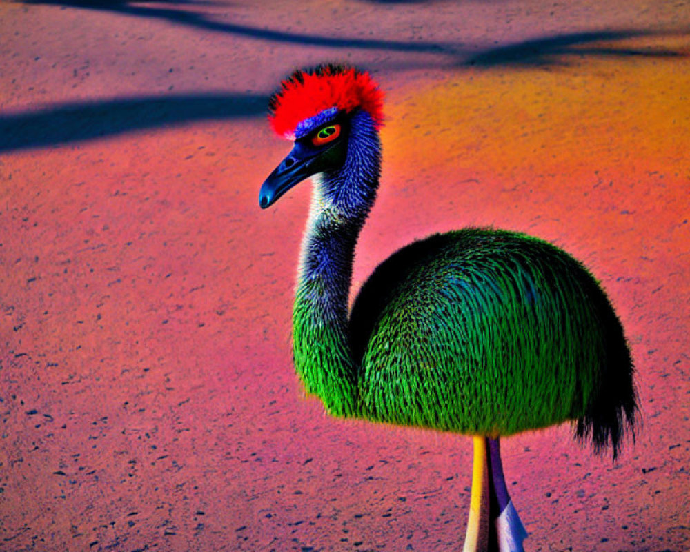 Colorful Cassowary with Red Head and Blue Neck on Purple Pavement