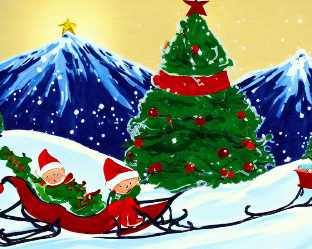 Vibrant snowy landscape with elves in sleigh near Christmas tree