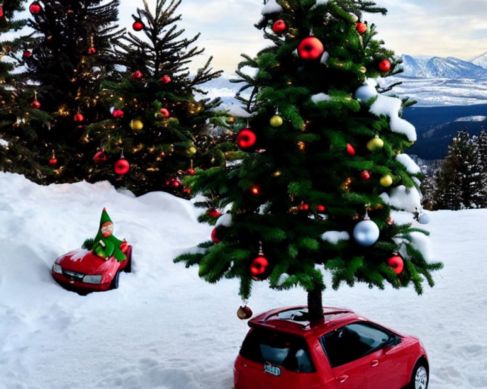 Winter Scene: Snowy Landscape with Christmas Trees, Red Car, Elf on Sled