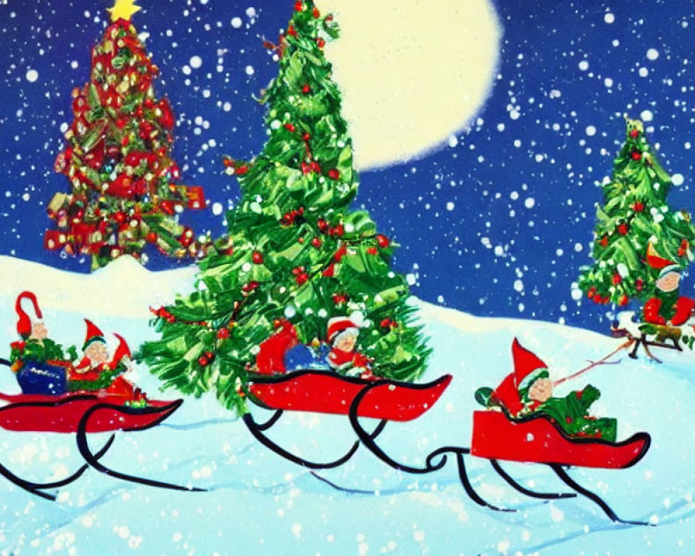 Whimsical painting of Santa's elves on red sleighs in snowy scene