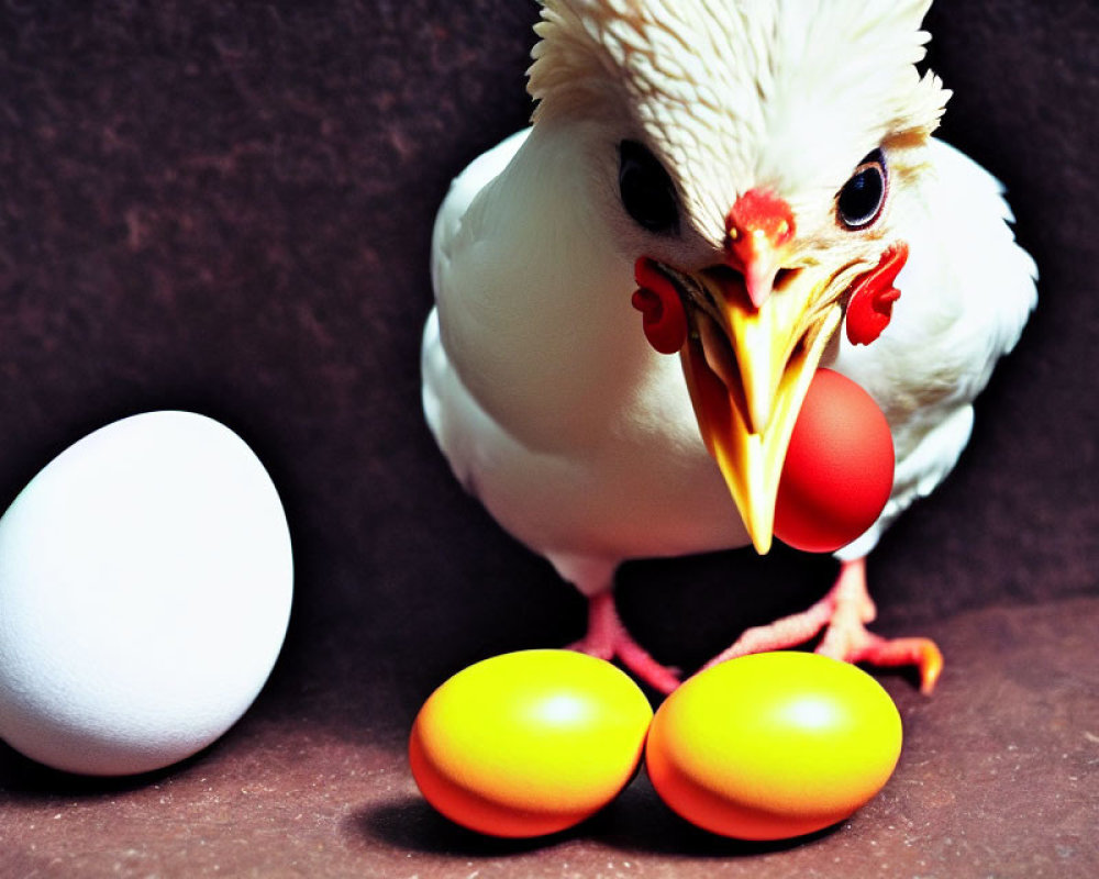 White Hen with Red Comb Surrounded by Eggs on Dark Background