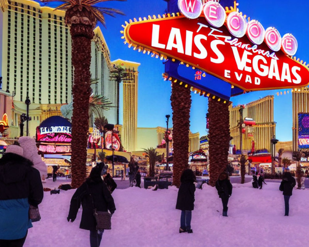 Iconic Las Vegas Sign with Snowy Overlay on Vegas Strip with Palm Trees and Casinos