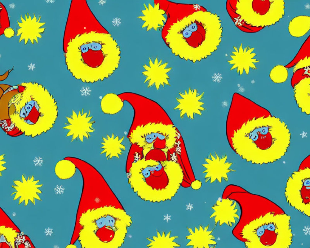 Cartoon Santa Claus and Reindeer Pattern on Blue Background