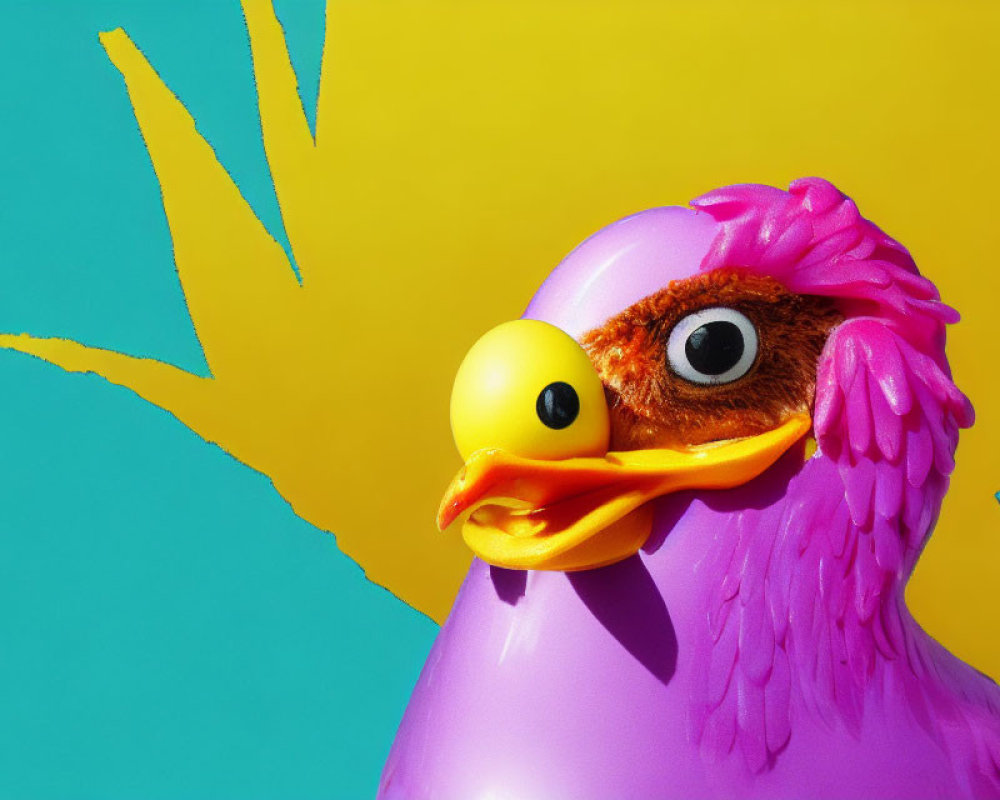 Colorful Rubber Chicken Toy on Purple and Pink Background with Yellow Splash