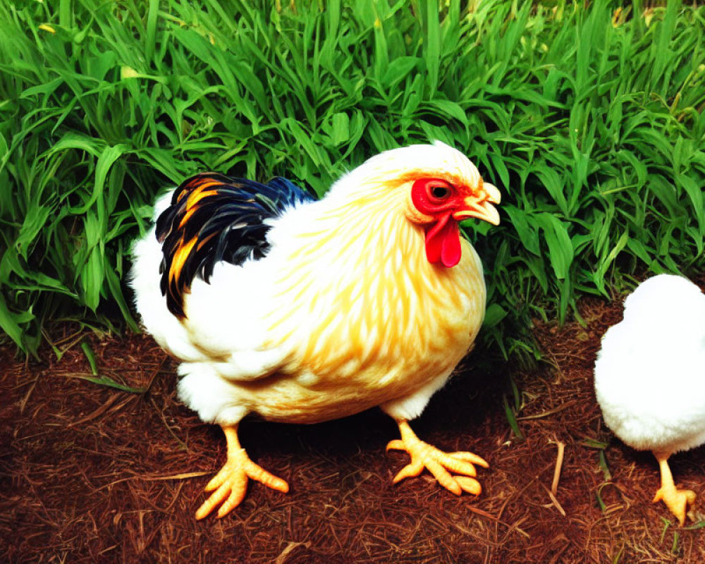 Colorful photo of hen, chick, and grass in vibrant display