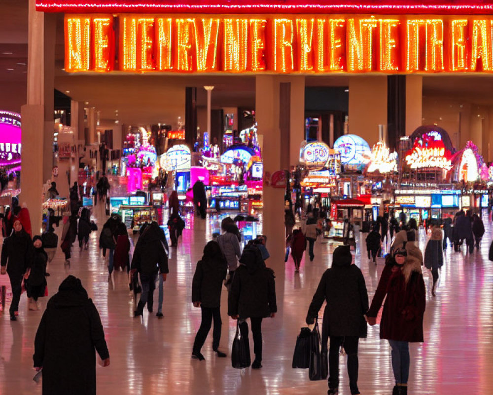 Busy airport terminal with neon signs and passengers carrying luggage.