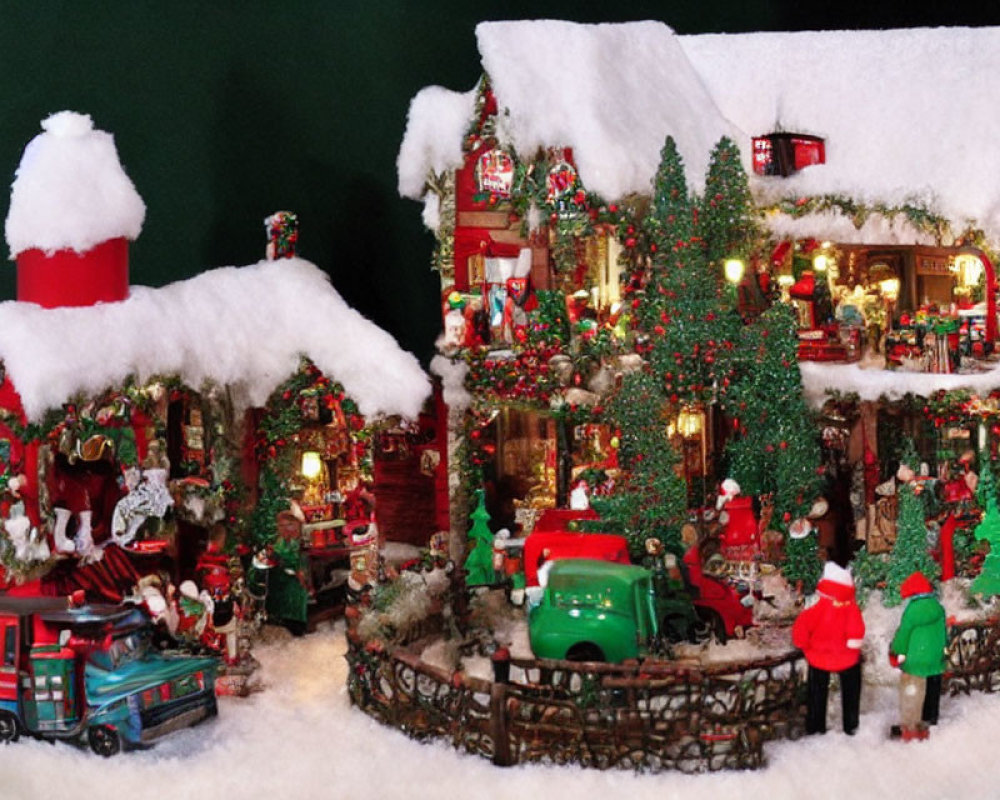 Snow-covered Christmas village with decorated houses, trees, figurines, and vintage vehicles.