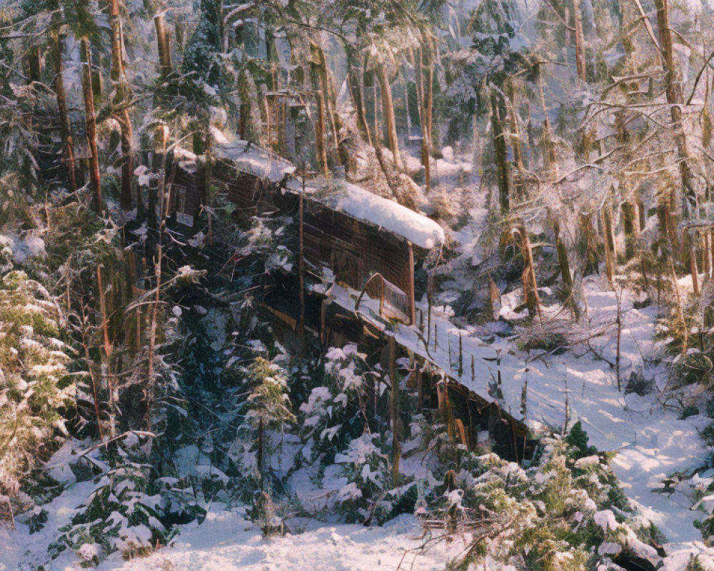 Snow-covered trees surround rustic cabin in serene winter forest