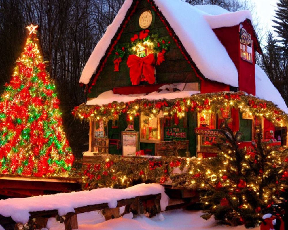 Snow-covered house with vibrant Christmas decorations and lit tree under twilight sky