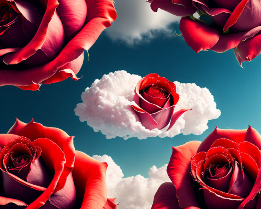 Red Roses with Dew Drops and White Clouds in Deep Blue Sky