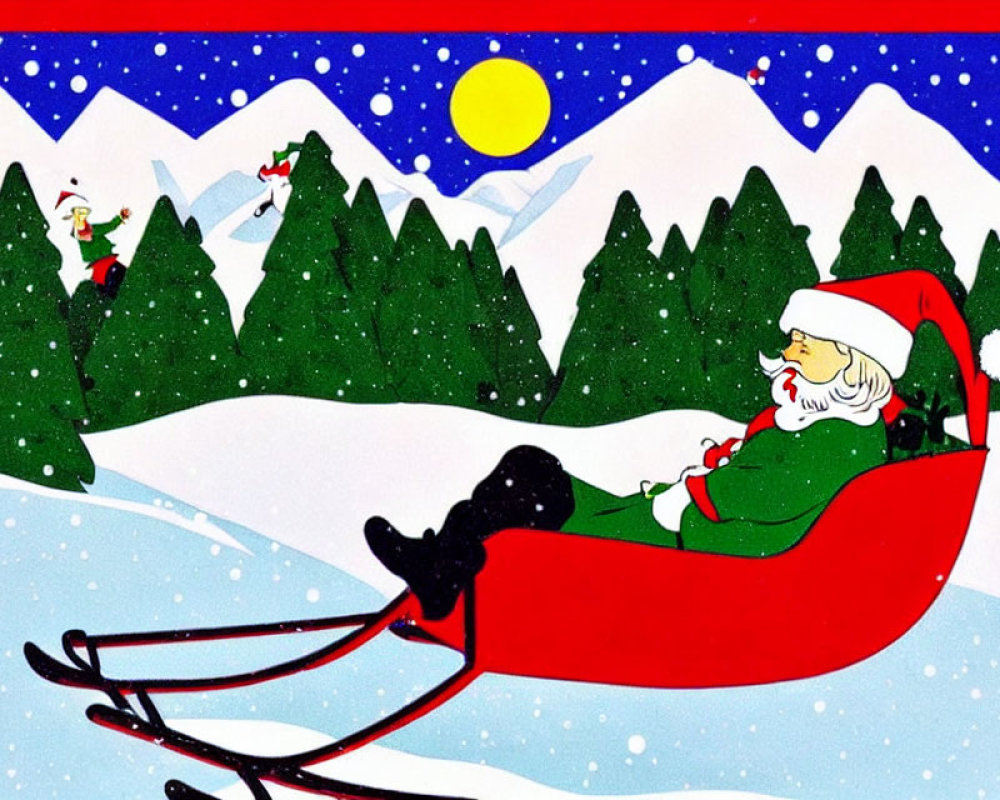 Santa Claus in sleigh with gifts, snowy landscape, and flying reindeer.